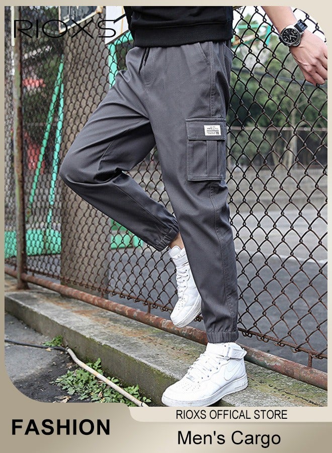 Men's Cargo Regular Fit Pants Fashion Trousers Casual Workout Jogging Drawstring Pants With Multiple Pockets