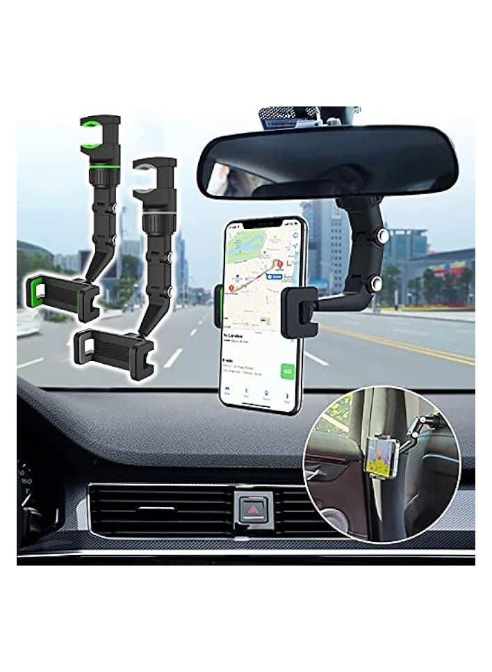 360 Multifunctional Rearview Mirror Phone Holder, Car Rearview Mirror Phone Holder Mount, Smartphone Stand & Vehicle Back Seat Mobile Phone Holder Compatible with All Cell Phones (Green 2pc)