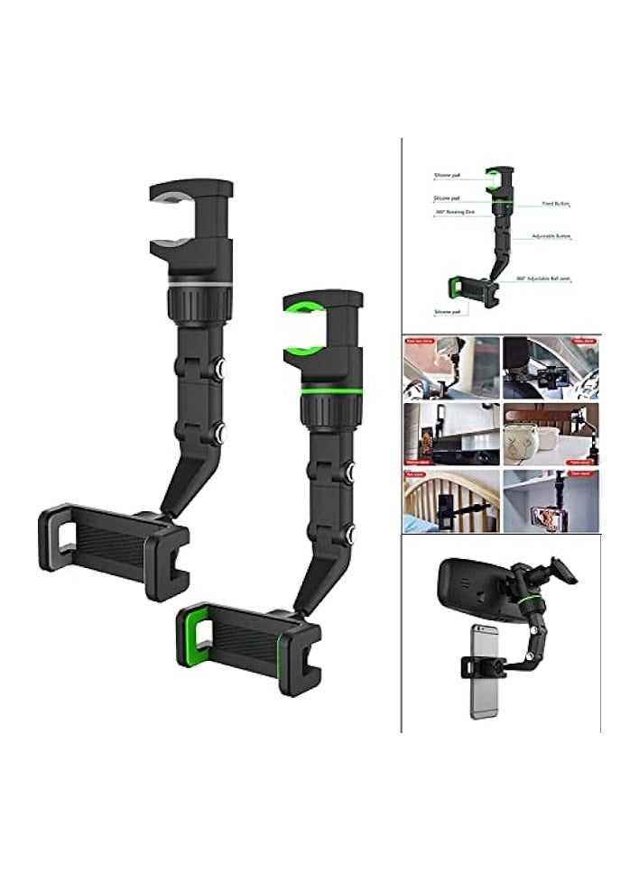 360 Multifunctional Rearview Mirror Phone Holder, Car Rearview Mirror Phone Holder Mount, Smartphone Stand & Vehicle Back Seat Mobile Phone Holder Compatible with All Cell Phones (Green 2pc)