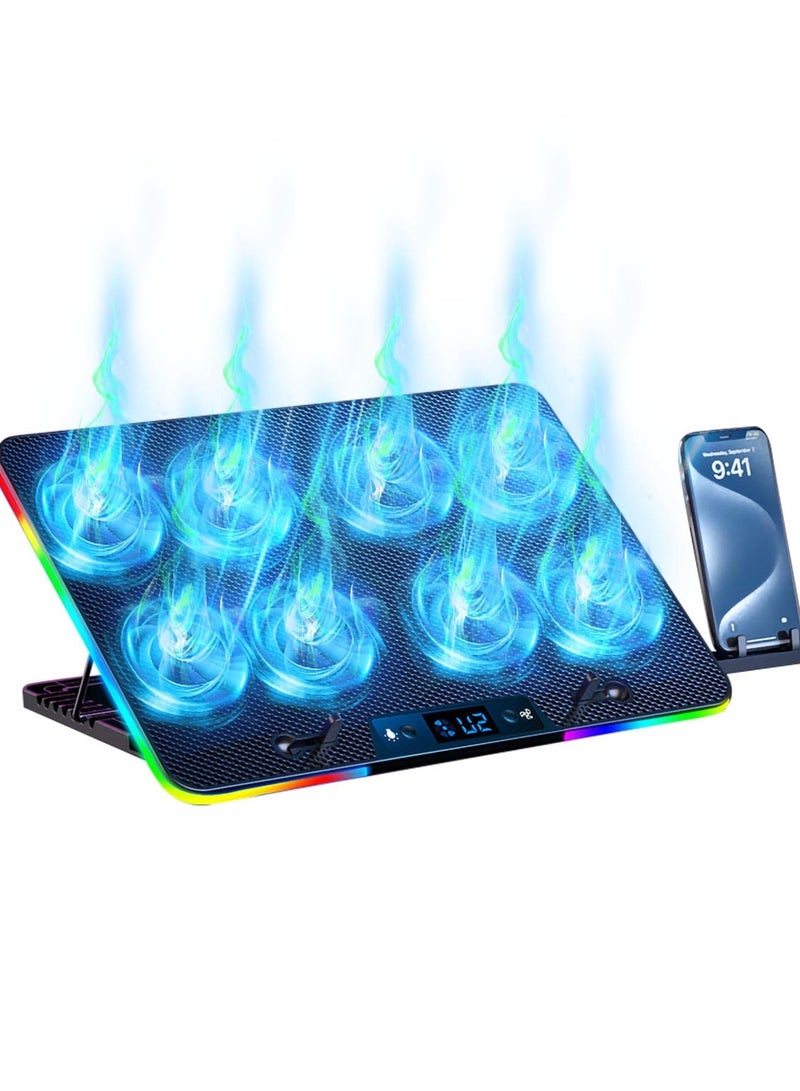 Laptop Cooling Pad, RGB Laptop Cooler Stand with 8 Quiet Fans Gaming Notebook Cooler for 12-17in Laptops, Dual USB 7 Heights Adjustable Computer Chill Mat with LED Light Lap Desk PC Cooler