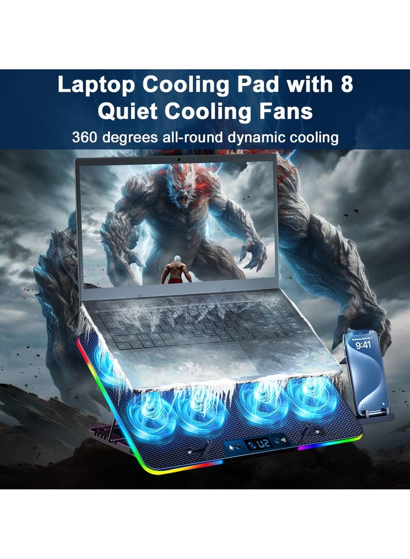 Laptop Cooling Pad, RGB Laptop Cooler Stand with 8 Quiet Fans Gaming Notebook Cooler for 12-17in Laptops, Dual USB 7 Heights Adjustable Computer Chill Mat with LED Light Lap Desk PC Cooler