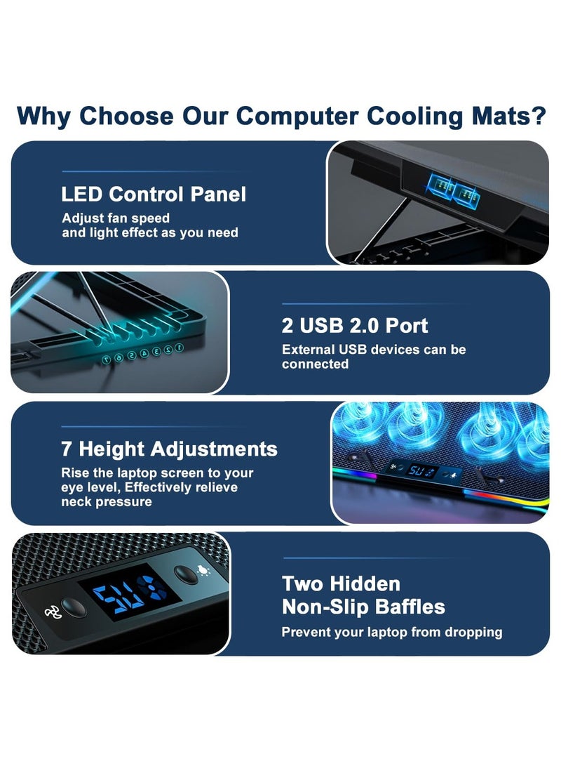 Laptop Cooling Pad, RGB Laptop Cooler Stand with 8 Quiet Fans Gaming Notebook Cooler for 12-17in Laptops, Dual USB 7 Heights Adjustable Computer Chill Mat with LED Light Lap Desk PC Cooler