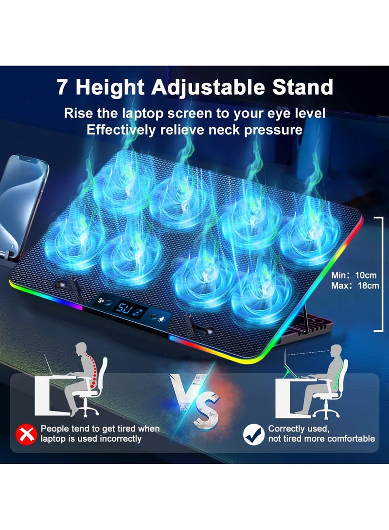 Laptop Cooling Pad, RGB Laptop Cooler Stand with 8 Quiet Fans Gaming Notebook Cooler for 12-17in Laptops, Dual USB 7 Heights Adjustable Computer Chill Mat with LED Light Lap Desk PC Cooler