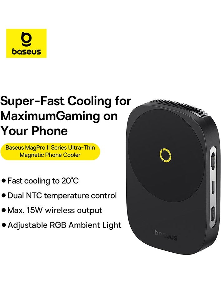 Ultra-Thin Magnetic Phone Cooler with 15W Wireless Charging for iPhone Gaming - High-Efficiency Radiator with Mobile Phone Stand and Cooling Fan for Optimal Performance, Enhanced Gaming Experience, and Extended Playtime - Perfect Accessory for Gamers on the Go (With Wireless Charger) With 15W Wireles Charger - Black