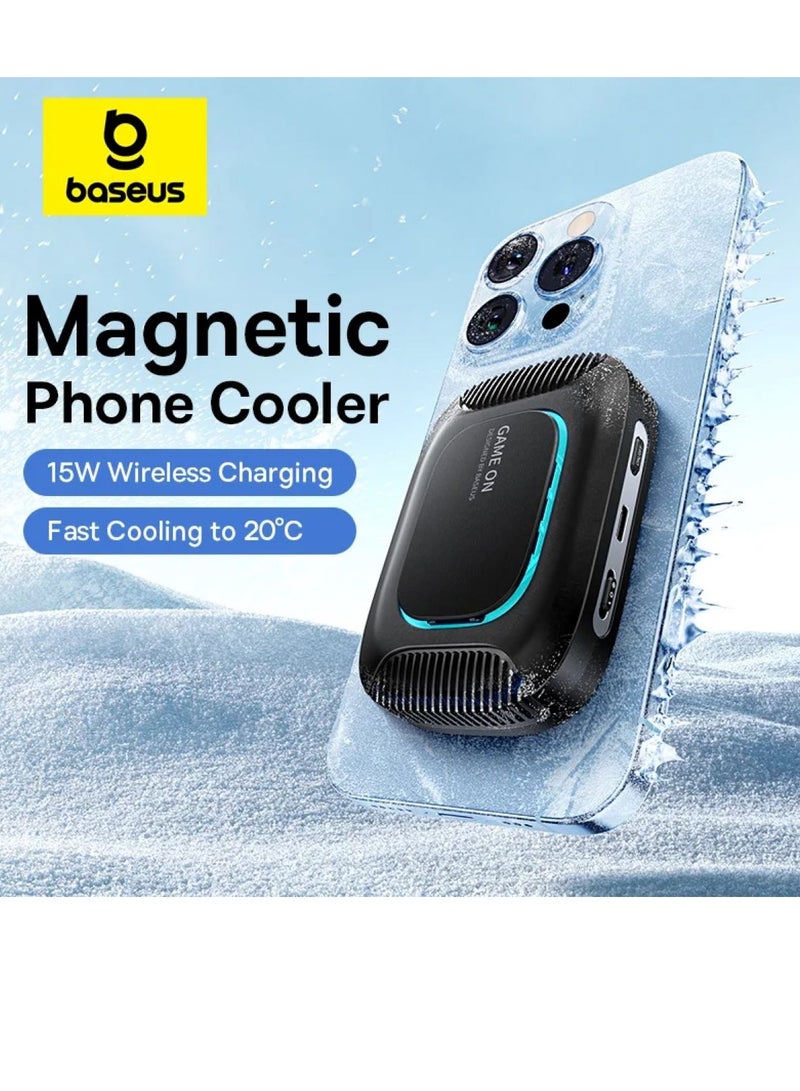 Ultra-Thin Magnetic Phone Cooler with 15W Wireless Charging for iPhone Gaming - High-Efficiency Radiator with Mobile Phone Stand and Cooling Fan for Optimal Performance, Enhanced Gaming Experience, and Extended Playtime - Perfect Accessory for Gamers on the Go (With Wireless Charger) With 15W Wireles Charger - Black