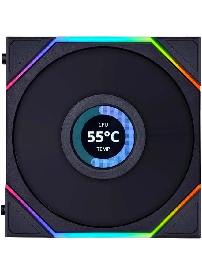 Lian Li Uni Fan TL 120 Case Fan, 1.6” LCD, 120mm Fan Size, 1900 RPM Fan Speed, 62 CFM Airflow, PA66 / PBT Materials, Fluid Dynamic Bearing, Triple Pack, W/ Controller, Black | G99.12TLLCD3B.00