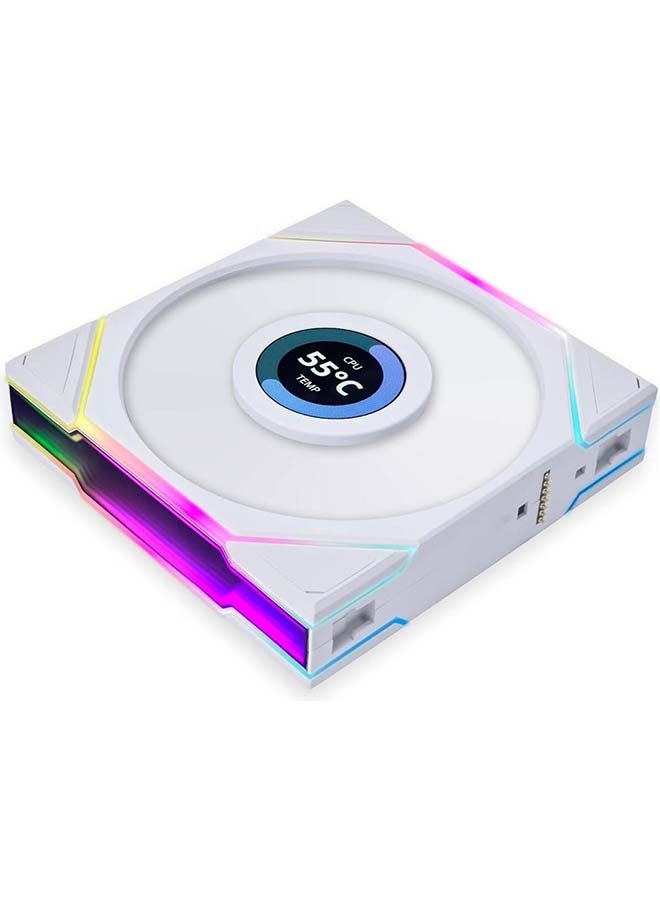 Lian Li Uni Fan TL 120 Case Fan, 1.6” LCD, 120mm Fan Size, 1900 RPM Fan Speed, 62 CFM Airflow, PA66 / PBT Materials, Fluid Dynamic Bearing, Triple Pack, W/ Controller, White | G99.12TLLCD3W.00