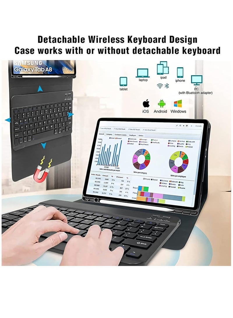 Keyboard Case Compatible with Samsung Galaxy Tab A8 10.5 Inch 2022 & Built-in S Pen Holder - Slim Smart Cover with Detachable Bluetooth Keyboard and Mouse