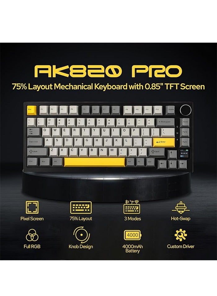 Ajazz AK820 Pro 75% Gasket-mounted Mechanical Keyboard with TFT Screen, 3 Modes(Bluetooth 5.1/2.4G Wireless & Type-C Wired), Sound Dampening Foams (BlackGrey, Ajazz Flying Fish Switch)