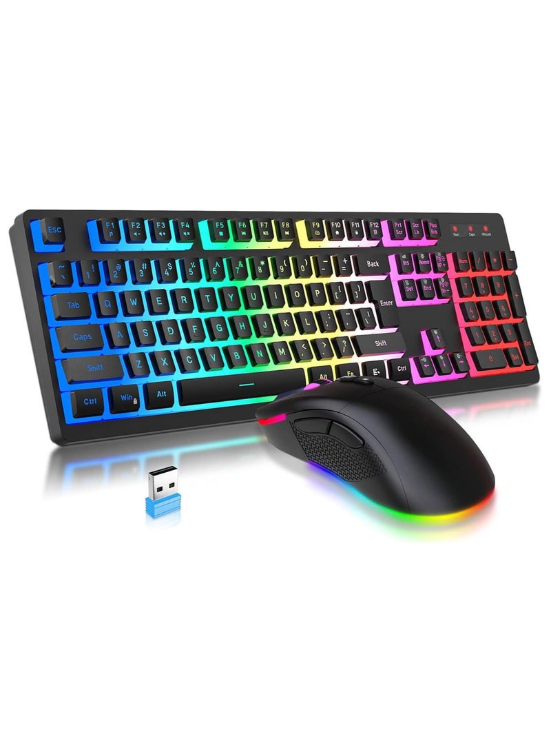 Wireless Gaming Keyboard and Mouse Combo, RGB Rechargeable 3000mAh Battery, Pudding Keycaps Anti-ghosting Keyboard + 7D 4800DPI Vertical Feel Wireless Mouse for PC Gamer (Black)