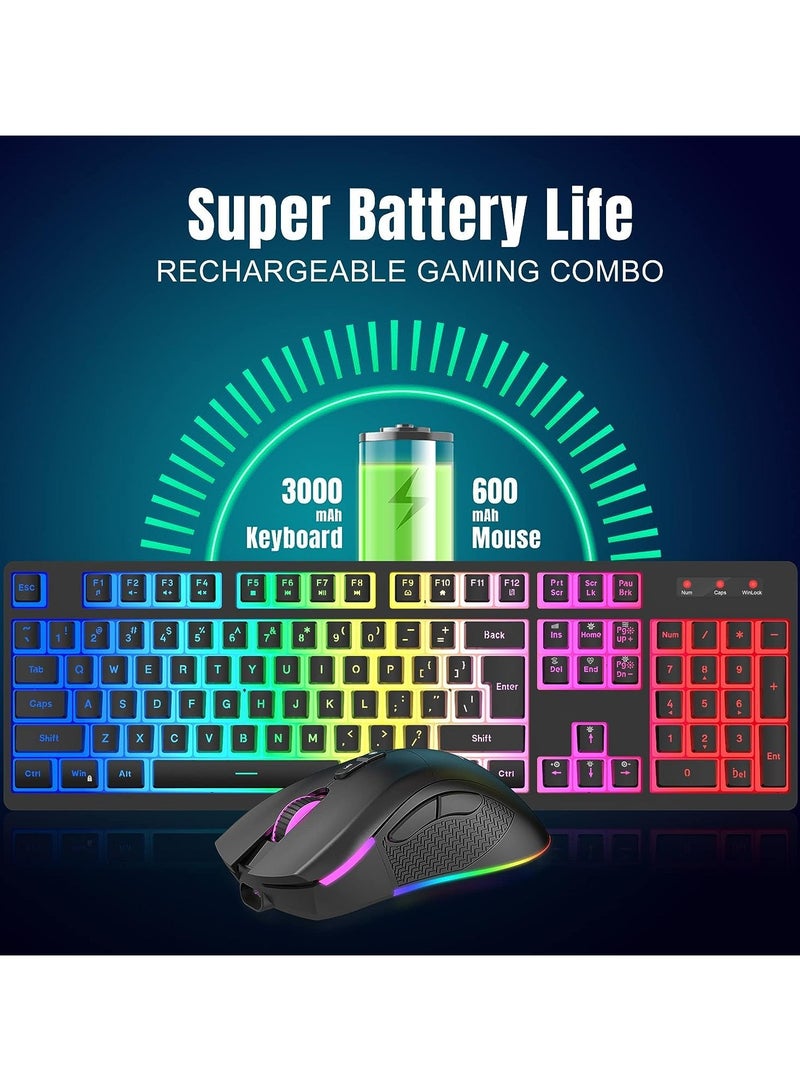 Wireless Gaming Keyboard and Mouse Combo, RGB Rechargeable 3000mAh Battery, Pudding Keycaps Anti-ghosting Keyboard + 7D 4800DPI Vertical Feel Wireless Mouse for PC Gamer (Black)