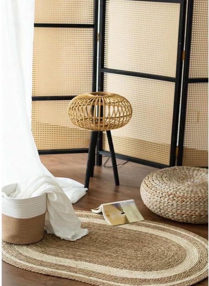 Natural Handwoven Oval Jute Area Rug with White Line Rustic Farmhouse Decor for Living Room Bedroom or Entryway Eco Friendly & Durable