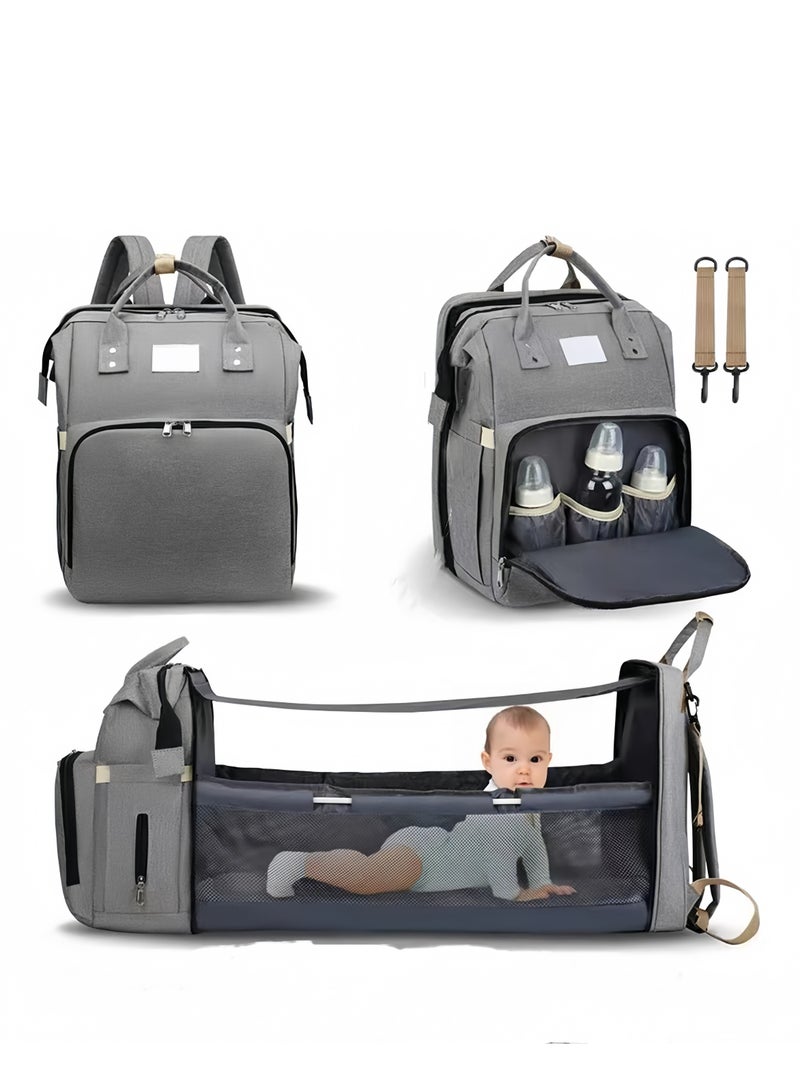 Multifunctional Portable Mommy Bed Backpack With Mosquito Net For Baby- Grey