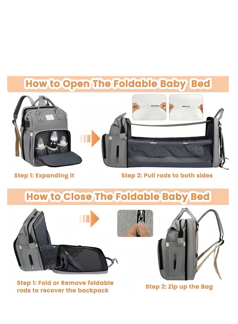 Multifunctional Portable Mommy Bed Backpack With Mosquito Net For Baby- Grey