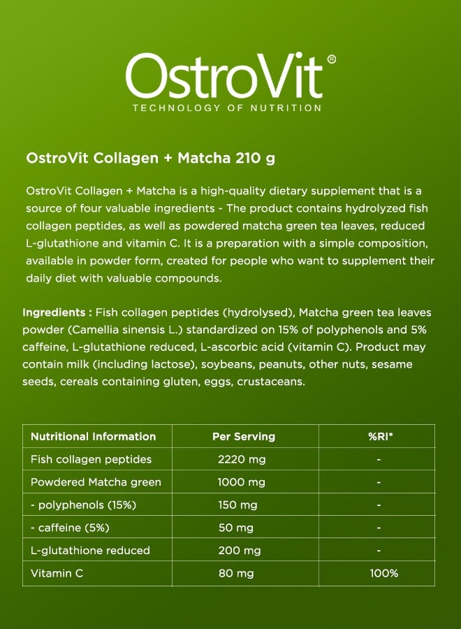 Collagen Matcha 210g Unflavour – Supports Skin, Joint Health & Antioxidant Protection – Collagen Peptides & Matcha Green Tea