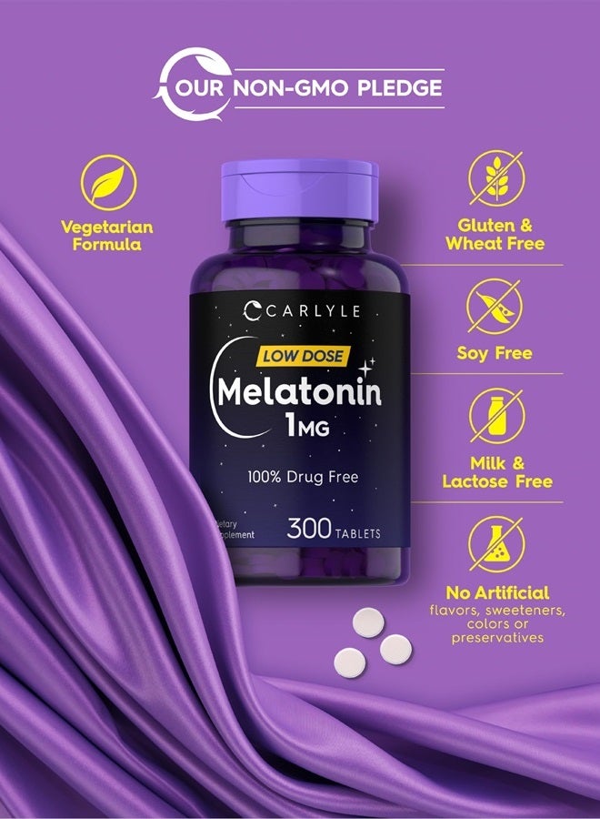 Melatonin 1 mg | 300 Low Dose Tablets | Drug Free Aid | Vegetarian, Non-GMO, Gluten Free