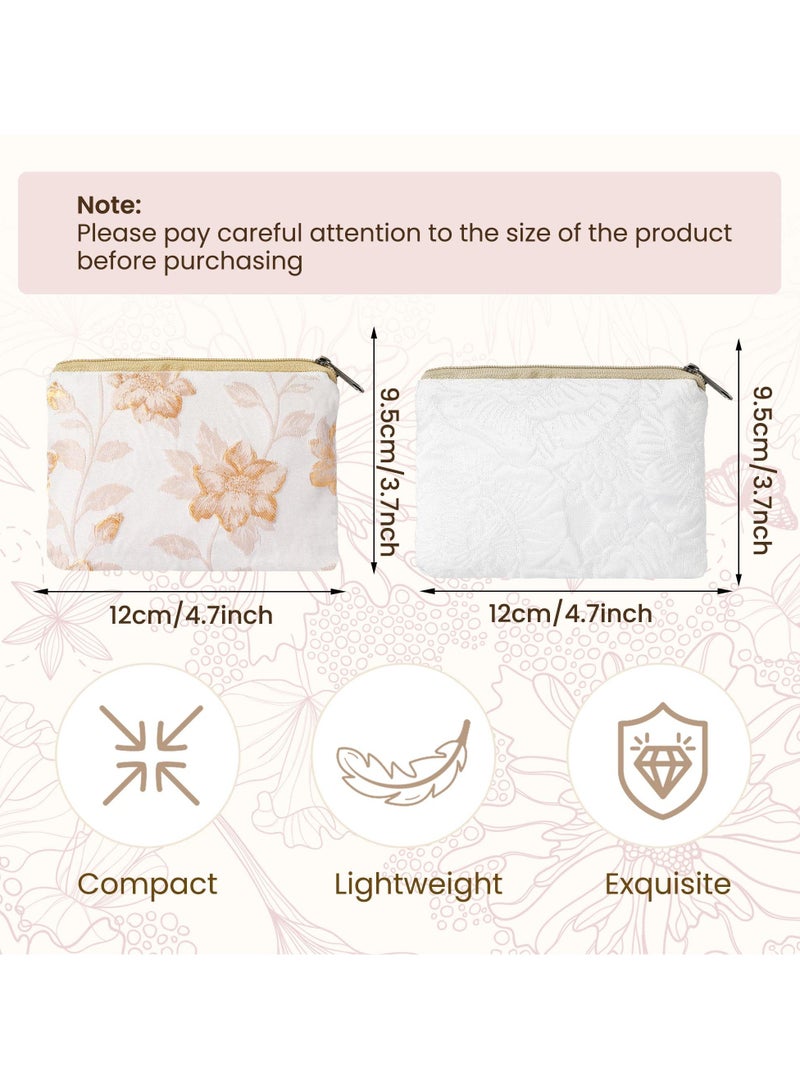 Floral Embroidery Makeup Bag Set, 2 Soft Cosmetic Pouches for Lipstick and Toiletries, Portable Zipper Organizer in White and Beige