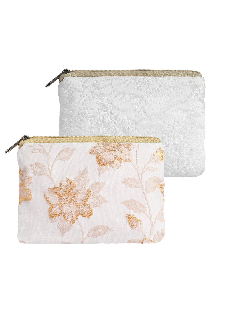 Floral Embroidery Makeup Bag Set, 2 Soft Cosmetic Pouches for Lipstick and Toiletries, Portable Zipper Organizer in White and Beige