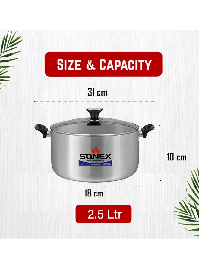 Sonex Premium Aluminium Casserole with Glass Lid and Ergonomic Bakelite Cool Handle – 18 cm (2.5 Ltr), Sleek Metal Finish, Durable Construction, See-Through Lid for Easy Monitoring, Dishwasher Safe