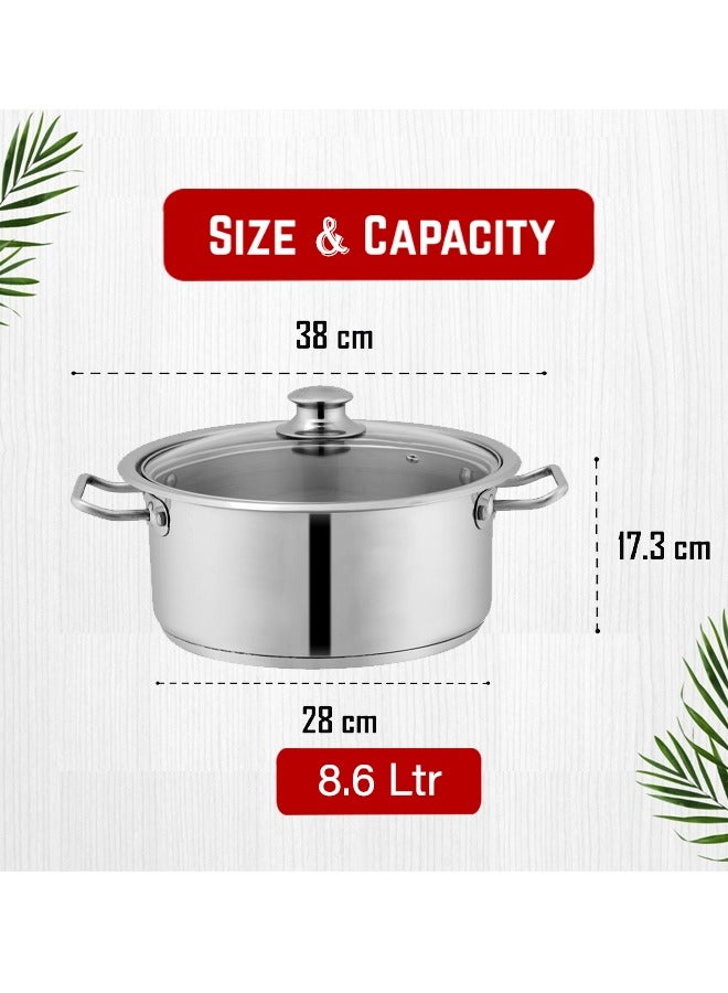 SONEX Mega Super Pot, 28 cm (8.6 Ltr) Stainless Steel Cooking Pot/Casserole – Durable Handles, Glass Lid, Sandwich Bottom for Even Heating, Sleek Modern Design for Efficient and Stylish Cooking