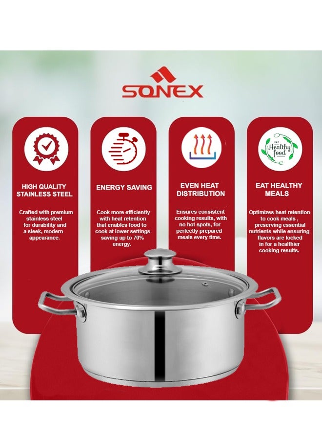 SONEX Mega Super Pot, 22 cm (5 Ltr) Stainless Steel Cooking Pot/Casserole – Durable Handles, Glass Lid, Sandwich Bottom for Even Heating, Sleek Modern Design for Efficient and Stylish Cooking