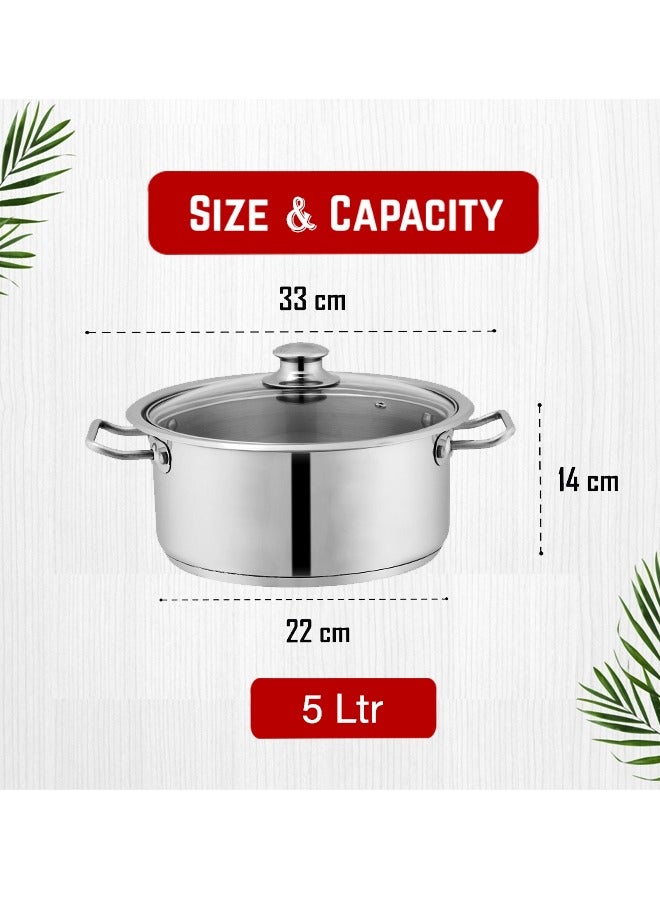 SONEX Mega Super Pot, 22 cm (5 Ltr) Stainless Steel Cooking Pot/Casserole – Durable Handles, Glass Lid, Sandwich Bottom for Even Heating, Sleek Modern Design for Efficient and Stylish Cooking