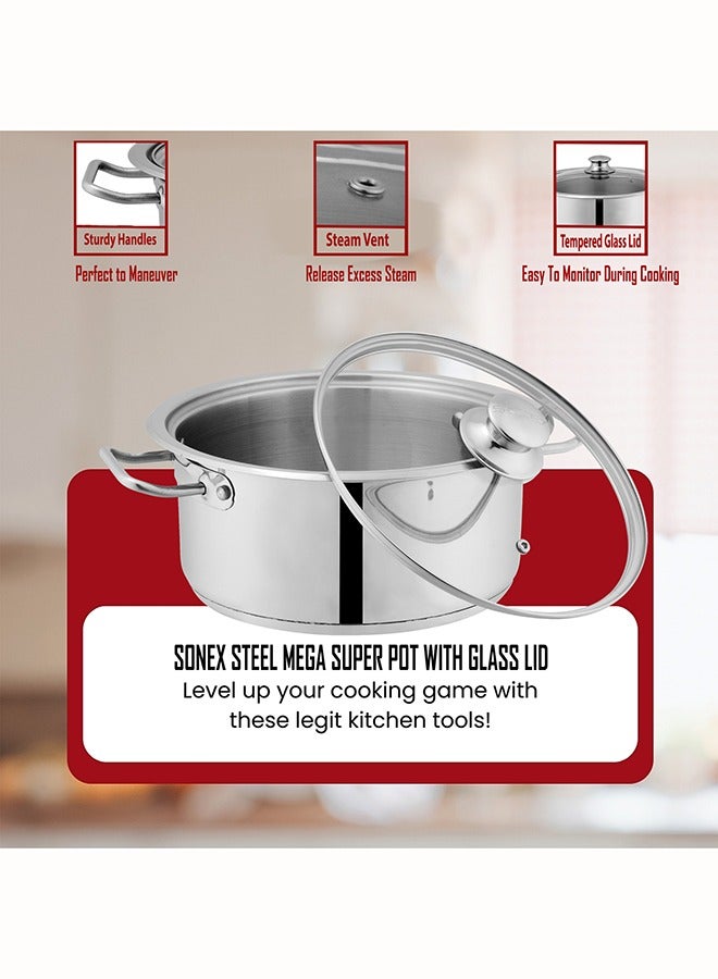 SONEX Mega Super Pot, 22 cm (5 Ltr) Stainless Steel Cooking Pot/Casserole – Durable Handles, Glass Lid, Sandwich Bottom for Even Heating, Sleek Modern Design for Efficient and Stylish Cooking