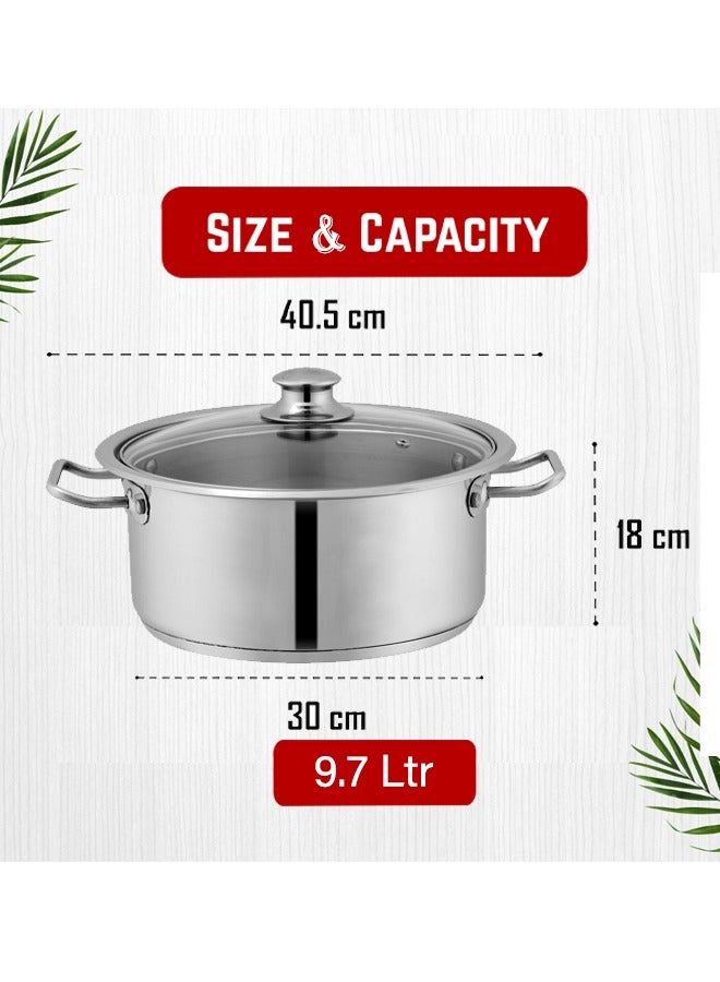 SONEX Mega Super Pot, 30 cm (9.7 Ltr) Stainless Steel Cooking Pot/Casserole – Durable Handles, Glass Lid, Sandwich Bottom for Even Heating, Sleek Modern Design for Efficient and Stylish Cooking