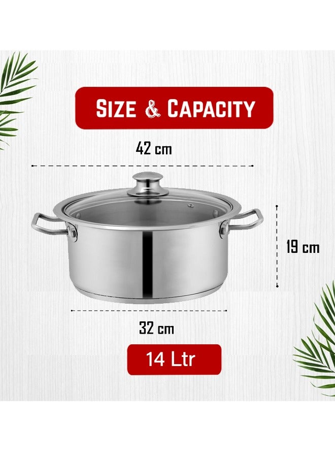 SONEX Mega Super Pot,32 cm (14 Ltr) Stainless Steel Cooking Pot/Casserole – Durable Handles, Glass Lid, Sandwich Bottom for Even Heating, Sleek Modern Design for Efficient and Stylish Cooking