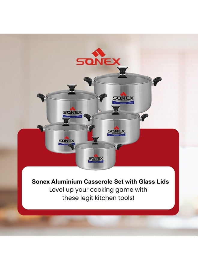 Sonex Premium Aluminium Cookware Set 5 Pcs with Glass Lid and Ergonomic Bakelite Cool Handle –  Sleek Metal Finish, Durable, Dishwasher Safe, Compact & Stackable Design, 18-26 cm (2.5 Ltr to 6 Ltr)