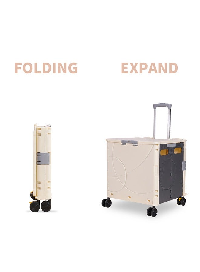 Portable Supermarket Folding Shopping Cart Express Grocery Storage Cart Camping Trolley 48l Beige