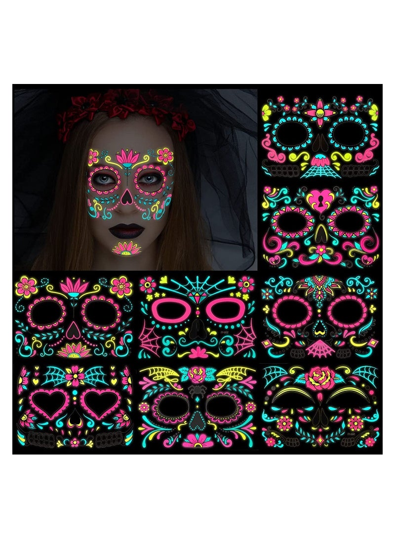 Glow In The Dark Neon Temporary Face Tattoos, 8 Sheets Full Face Stickers, Sugar Skull Designs for Parties, Festivals, and Themed Events