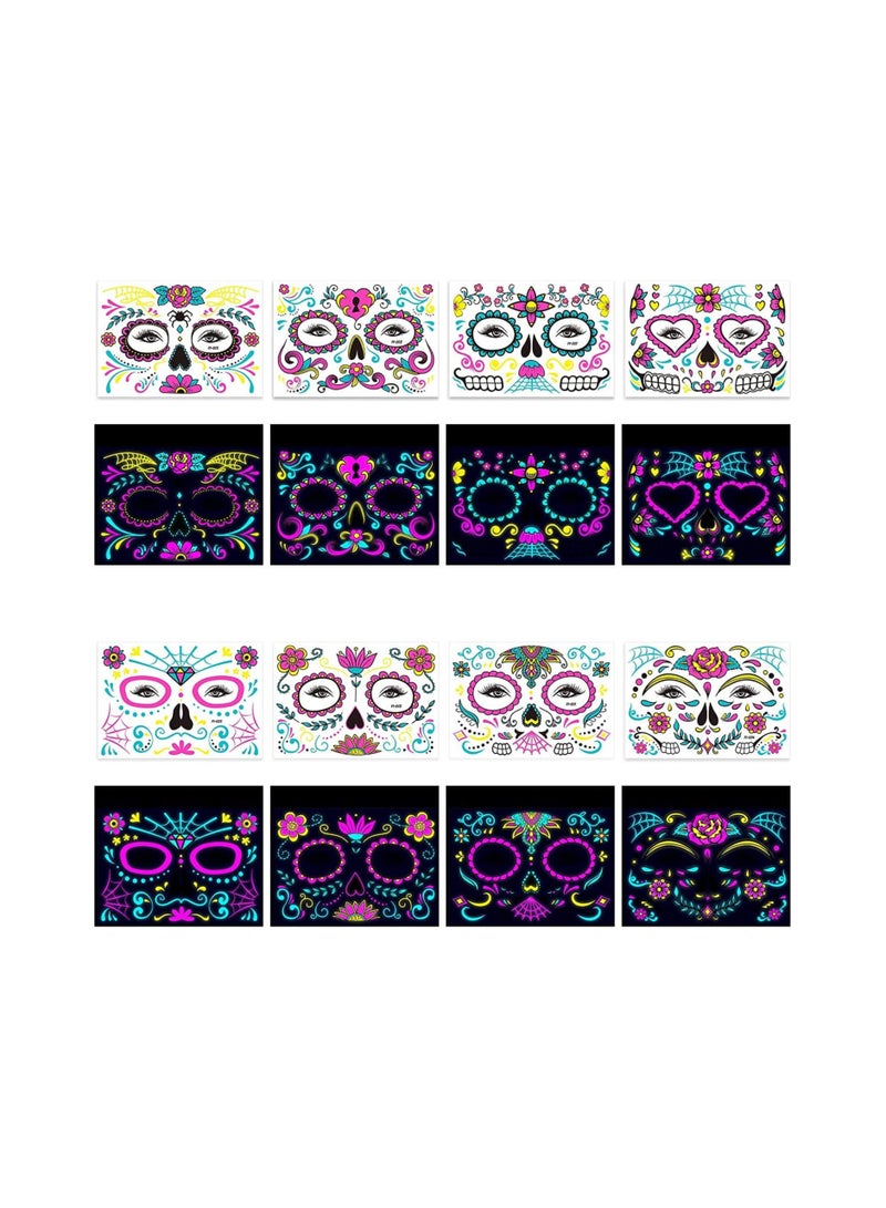 Glow In The Dark Neon Temporary Face Tattoos, 8 Sheets Full Face Stickers, Sugar Skull Designs for Parties, Festivals, and Themed Events