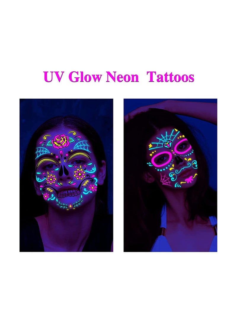 Glow In The Dark Neon Temporary Face Tattoos, 8 Sheets Full Face Stickers, Sugar Skull Designs for Parties, Festivals, and Themed Events