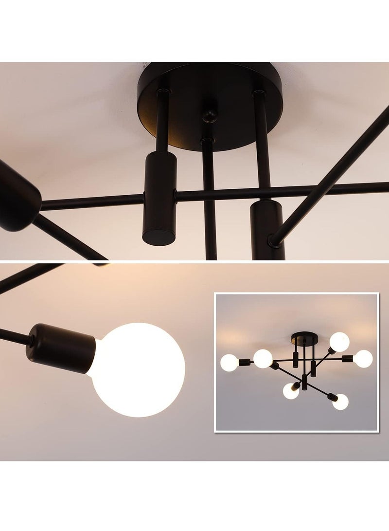 Mid Century Sputnik Chandelier 6-Lights, Industrial Semi Flush Mount Ceiling Light Fixture, Black Modern Ceiling Lamp for Kitchen Farmhouse Dining Room Bedroom Foyer (Bulbs Not Included)