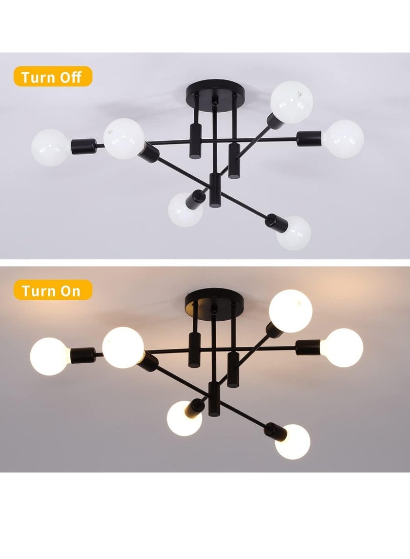 Mid Century Sputnik Chandelier 6-Lights, Industrial Semi Flush Mount Ceiling Light Fixture, Black Modern Ceiling Lamp for Kitchen Farmhouse Dining Room Bedroom Foyer (Bulbs Not Included)