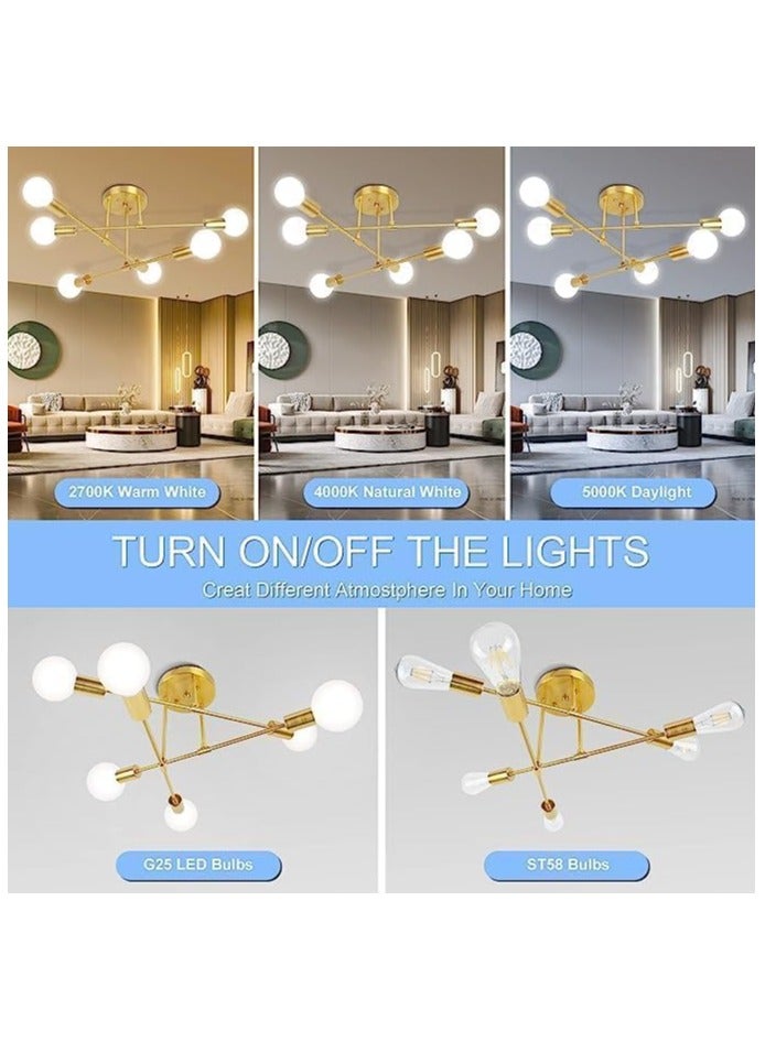 Ceiling Lights Fixture, Modern Gold Sputnik Chandeliers, Semi Flush Mount Golden Ceiling Lamp Industrial LED Ceiling Lighting for Bedroom Living Dining Room,6-Light,(Bulbs Not Included)