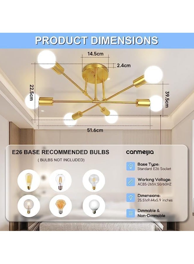 Ceiling Lights Fixture, Modern Gold Sputnik Chandeliers, Semi Flush Mount Golden Ceiling Lamp Industrial LED Ceiling Lighting for Bedroom Living Dining Room,6-Light,(Bulbs Not Included)