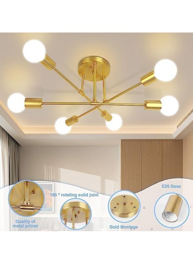 Ceiling Lights Fixture, Modern Gold Sputnik Chandeliers, Semi Flush Mount Golden Ceiling Lamp Industrial LED Ceiling Lighting for Bedroom Living Dining Room,6-Light,(Bulbs Not Included)