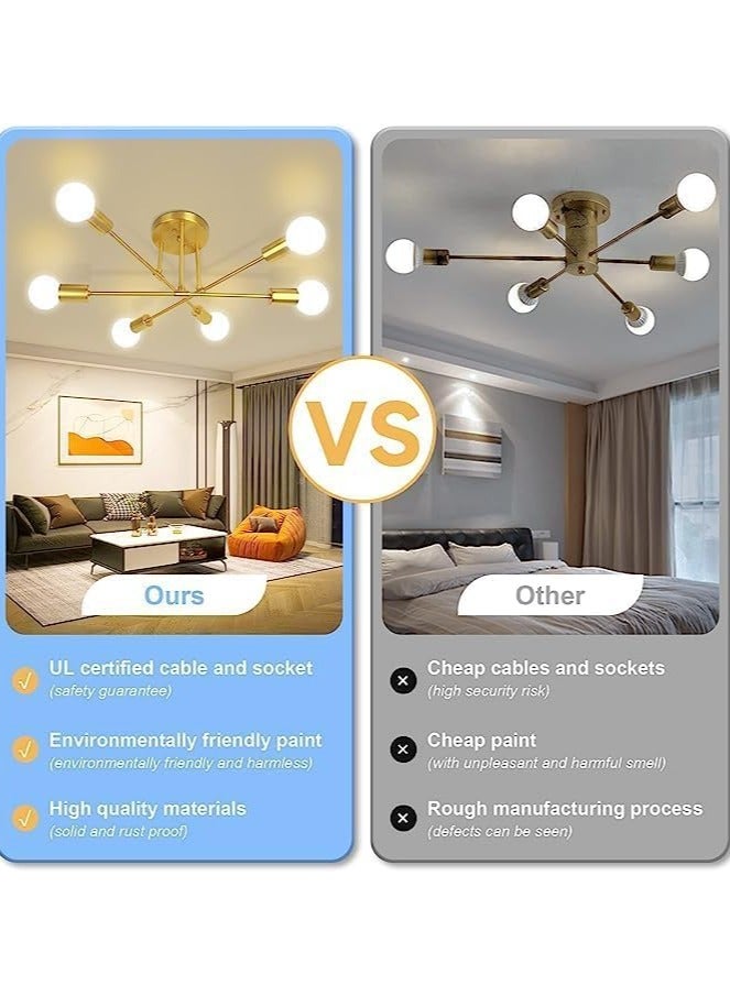 Ceiling Lights Fixture, Modern Gold Sputnik Chandeliers, Semi Flush Mount Golden Ceiling Lamp Industrial LED Ceiling Lighting for Bedroom Living Dining Room,6-Light,(Bulbs Not Included)