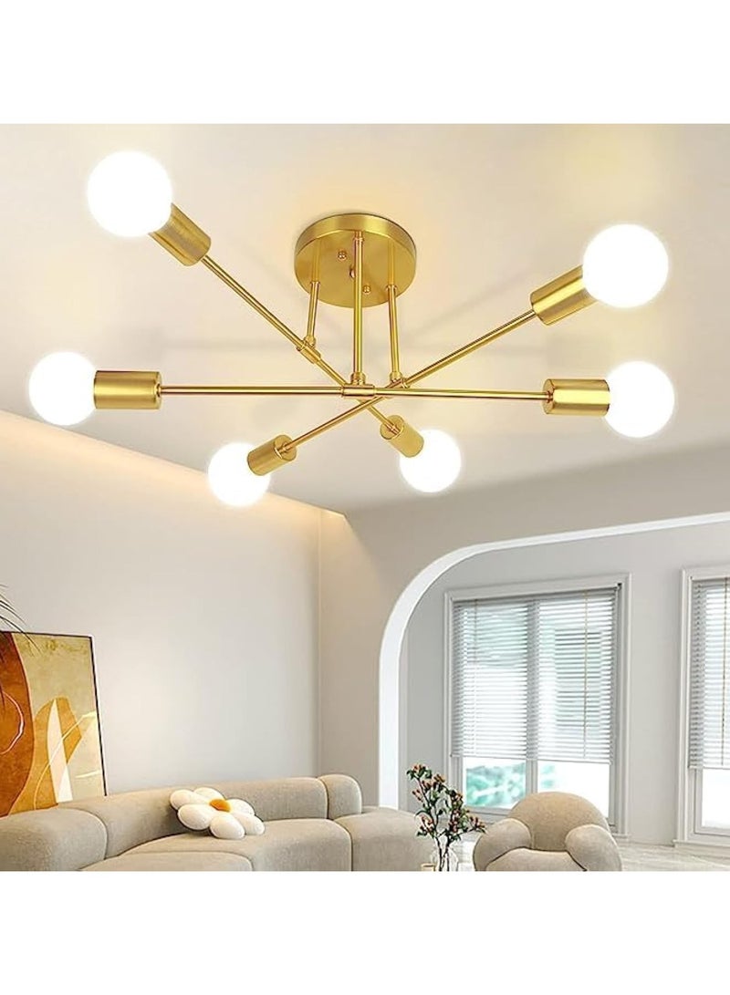 Ceiling Lights Fixture, Modern Gold Sputnik Chandeliers, Semi Flush Mount Golden Ceiling Lamp Industrial LED Ceiling Lighting for Bedroom Living Dining Room,6-Light,(Bulbs Not Included)