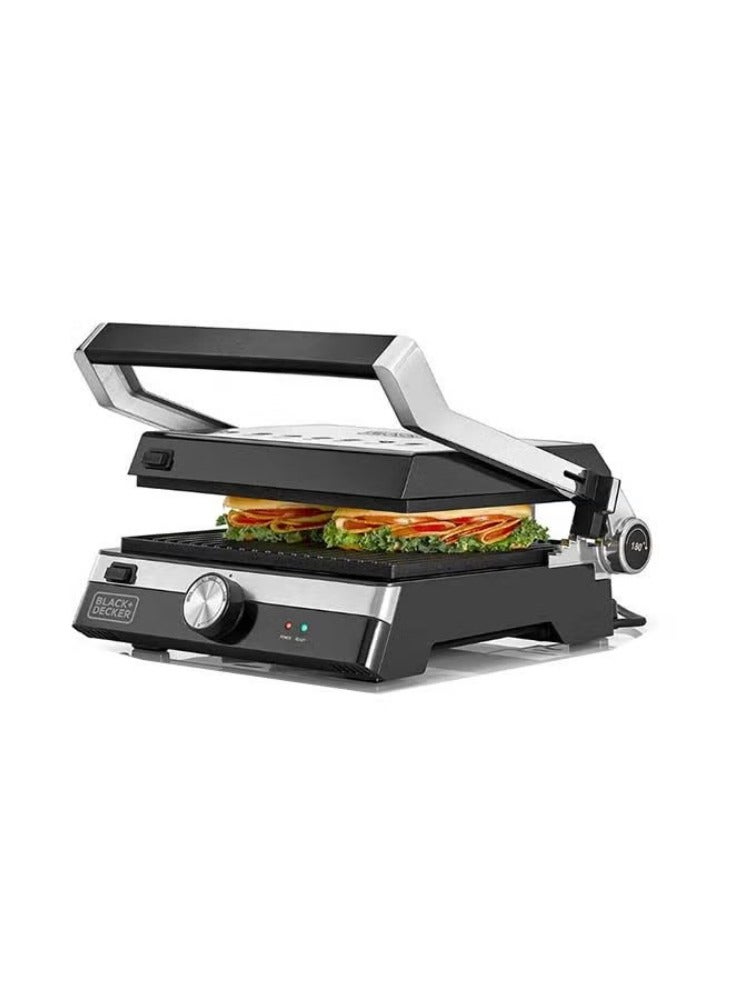 Family Health Grill, 2000W, 1500 cm² Perfect Double Grilling | Panini Press, Non-Stick & 180° Full Flat Grill, Temperature Control, 5 Adjustable Heights, Die Cast Aluminium Plates, 2000 W CG2000-B5 Black/Silver