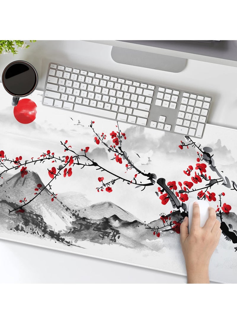 Extended Large Gaming Mouse Pad 35.4 X 15.7 Inch XXL Full Desk Japanese Art Style Cherry Blossom & Sakura Mousepad Non-Slip Rubber Base Big Keyboard Mat with Stitched Edges for Home Office