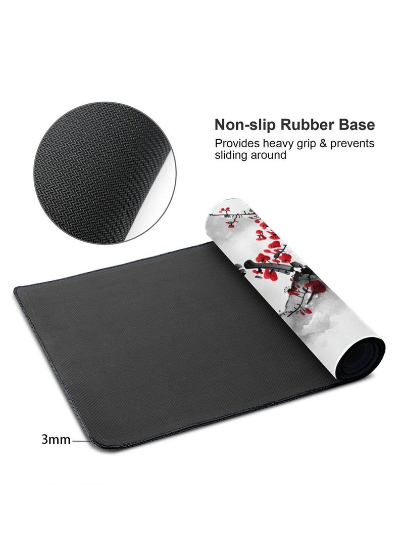 Extended Large Gaming Mouse Pad 35.4 X 15.7 Inch XXL Full Desk Japanese Art Style Cherry Blossom & Sakura Mousepad Non-Slip Rubber Base Big Keyboard Mat with Stitched Edges for Home Office