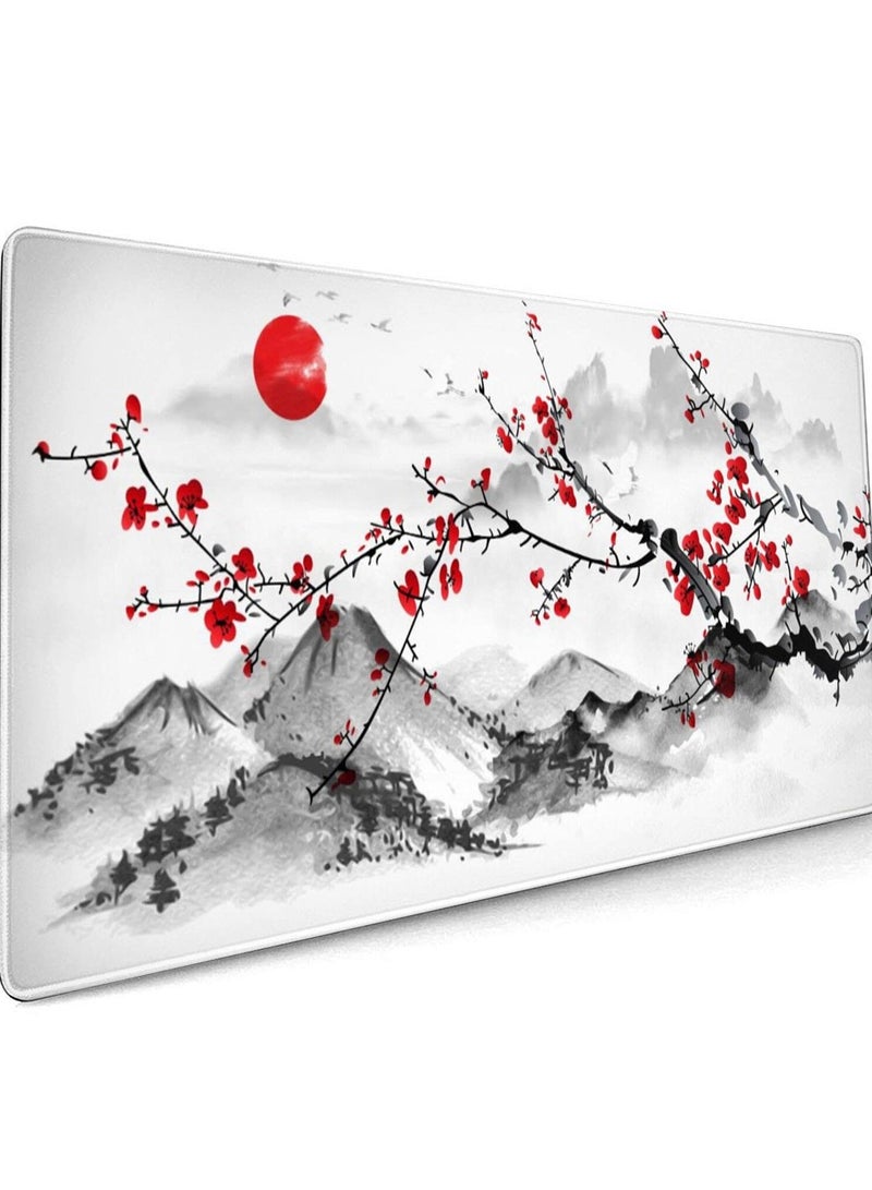 Extended Large Gaming Mouse Pad 35.4 X 15.7 Inch XXL Full Desk Japanese Art Style Cherry Blossom & Sakura Mousepad Non-Slip Rubber Base Big Keyboard Mat with Stitched Edges for Home Office