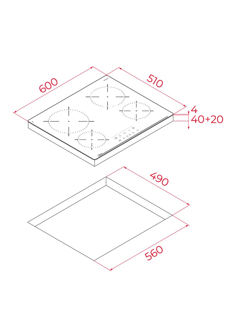 Built-in 60 cm Vitroceramic Hob with Touch Control, 4 Cooking Zones, Ceramic Glass Surface, Cooking Timer TBC 64010 TTC