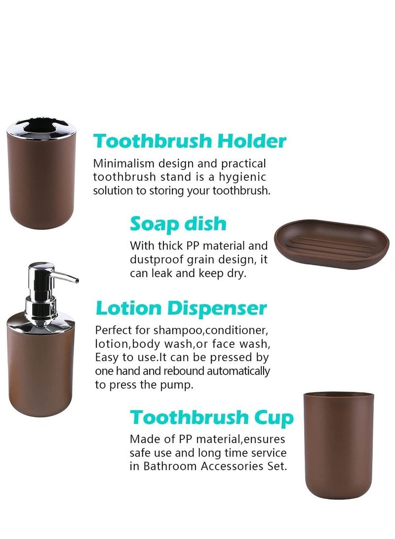 Bathroom Accessory Set 6 Piece Plastic Gift Bathroom Set Includes Storage Bucket Pail Toilet Brush Toothbrush Holder Soap Dispenser Soap Dish Soap Lotion Set Cup Brown