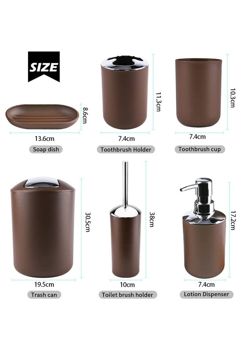 Bathroom Accessory Set 6 Piece Plastic Gift Bathroom Set Includes Storage Bucket Pail Toilet Brush Toothbrush Holder Soap Dispenser Soap Dish Soap Lotion Set Cup Brown