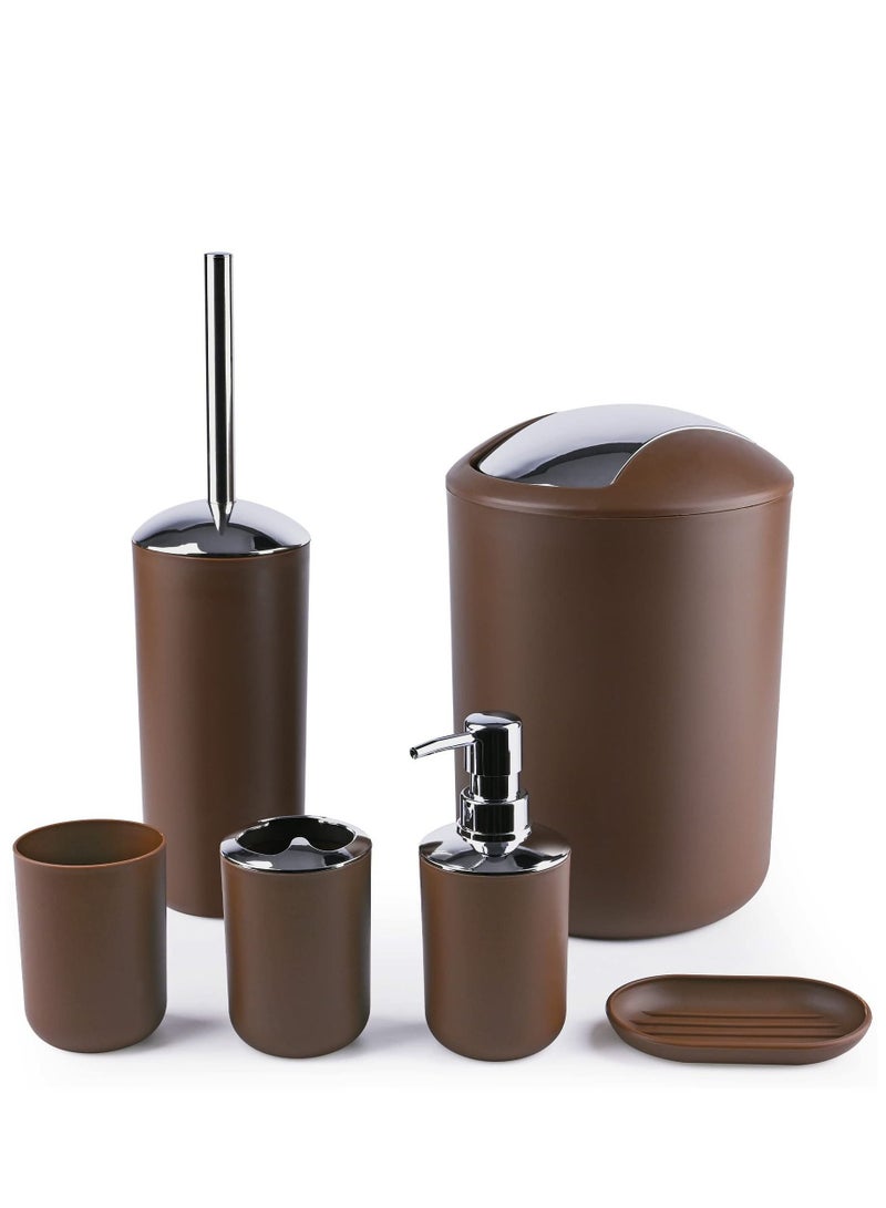 Bathroom Accessory Set 6 Piece Plastic Gift Bathroom Set Includes Storage Bucket Pail Toilet Brush Toothbrush Holder Soap Dispenser Soap Dish Soap Lotion Set Cup Brown