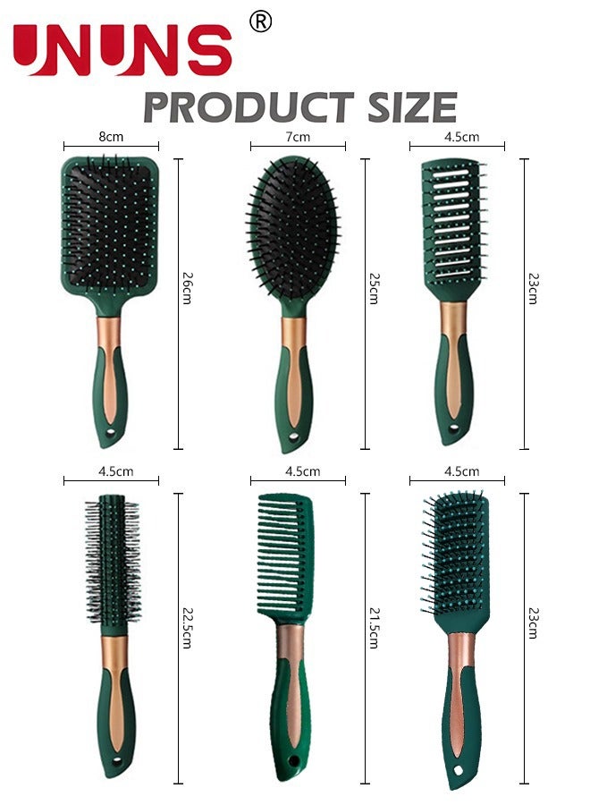 6Pcs Hair Brush Set Comb Set, Hair Brushes for Long Hair No Tangle Hair Brush Paddle Brush Round Hair Brush Dry Brush for Women Men - For All Hair Types, Natural, Fine & Curly